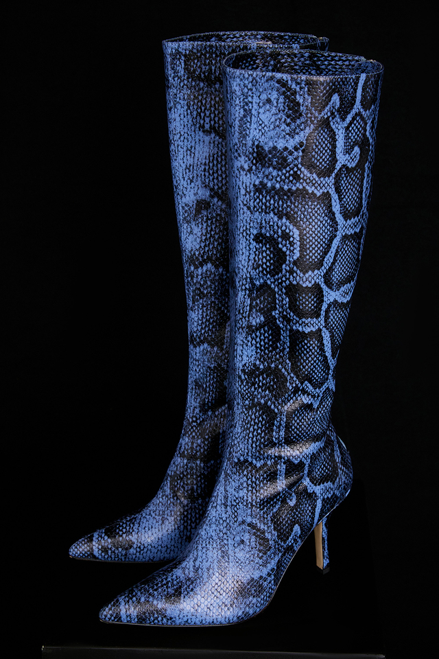 'Royale' Blue Print Leather Knee High Boots